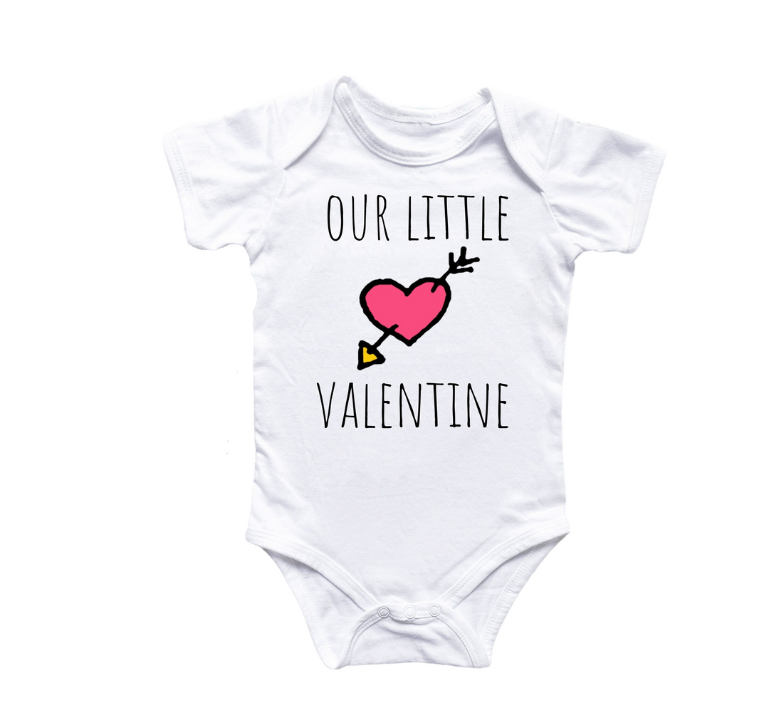 a baby bodysuit with a heart and arrow on it