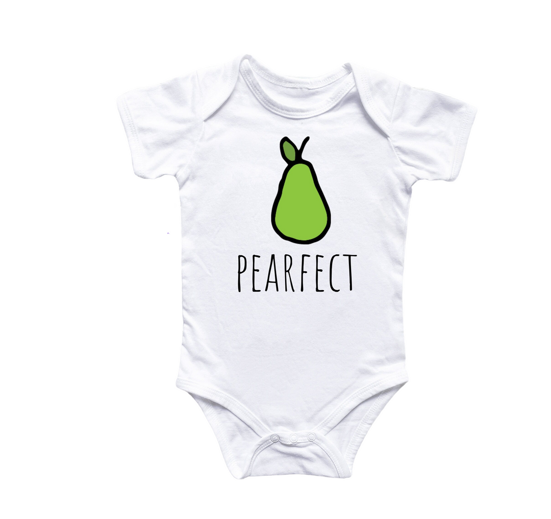 a white bodysuit with a green pear on it