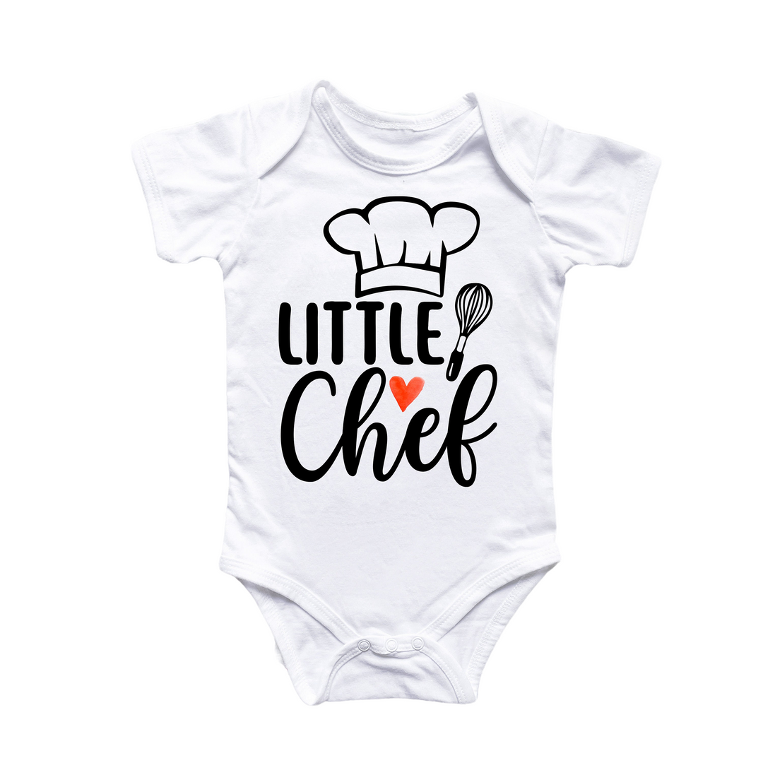 a white bodysuit with the words little chef on it