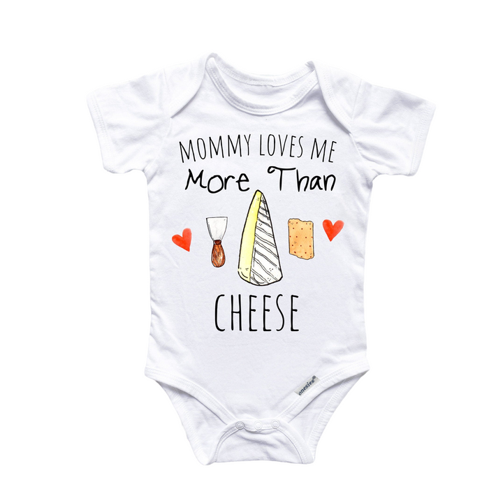 a white baby bodysuit with a graphic of cheese