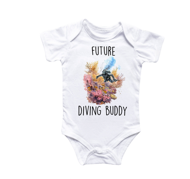 a white bodysuit with the words future diving buddy printed on it