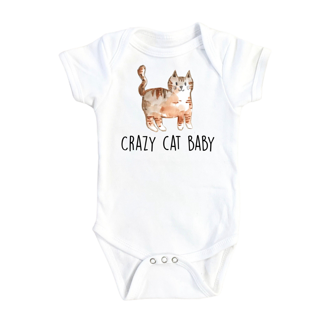 a white bodysuit with a picture of a cat that says crazy cat baby