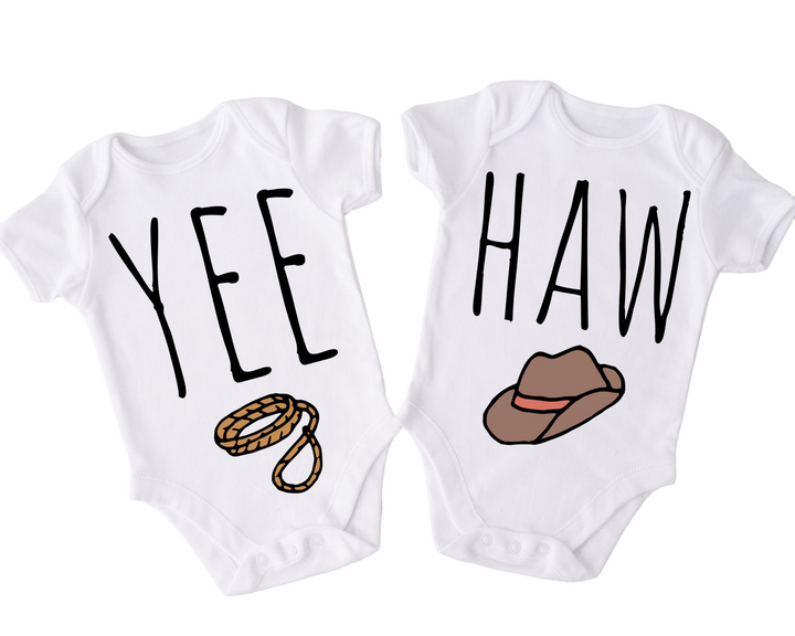 two baby onesuits with the words yee and a cowboy hat