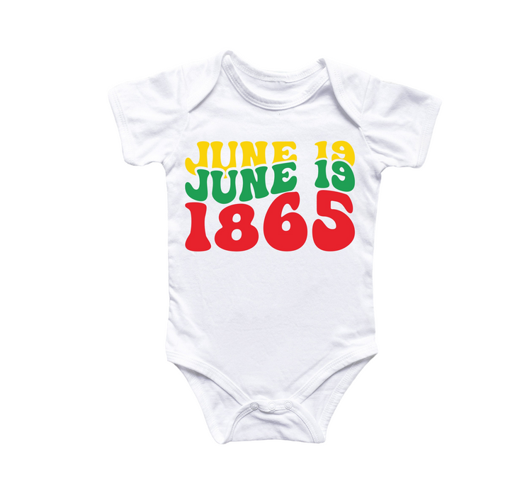 a white onesuit with the words june is june in red, green and yellow