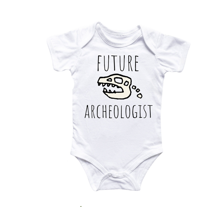 a white bodysuit with the words, future archeologist on it