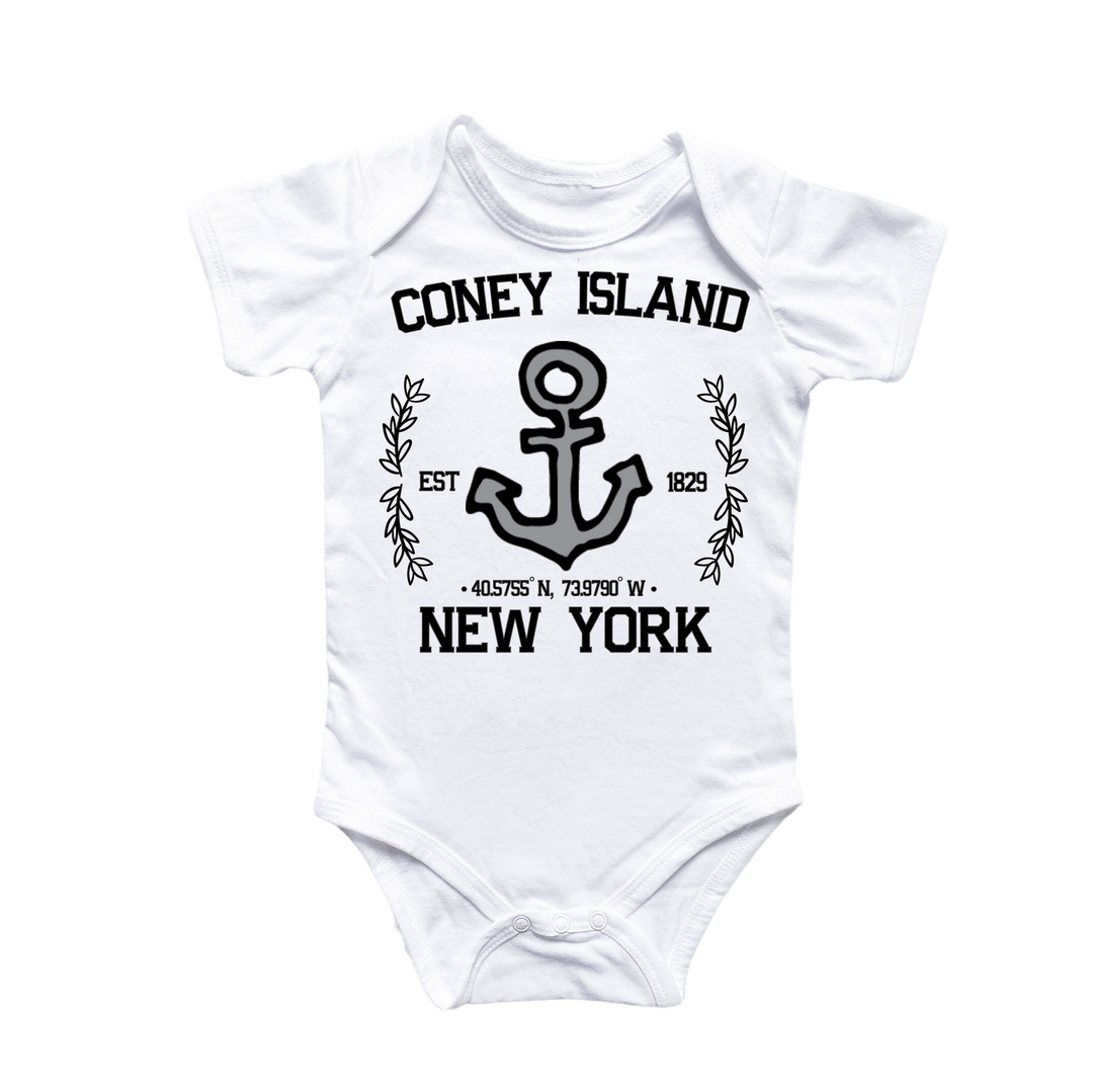 a white bodysuit with an anchor and the words coney island on it