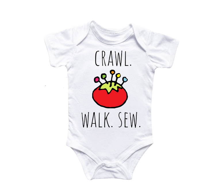 a white baby bodysuit with the words crawl walk sew on it