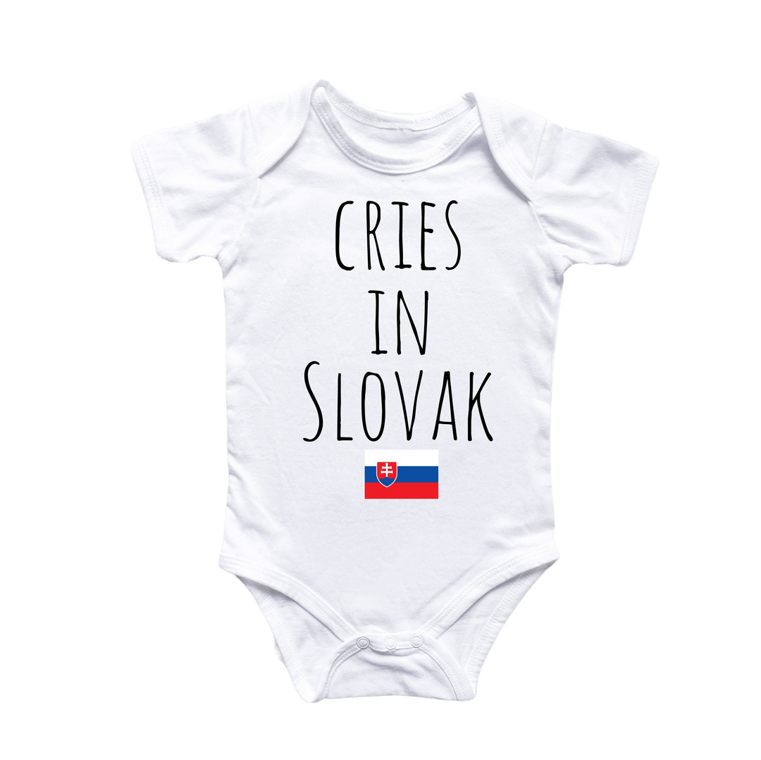 a white bodysuit with the words crises in slovak on it