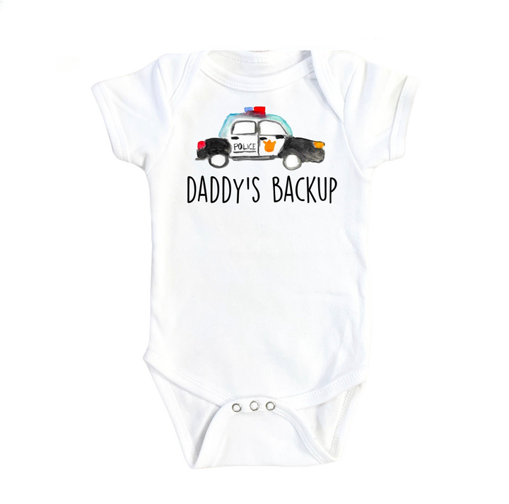 a baby bodysuit that says daddy's backup with a police car on it