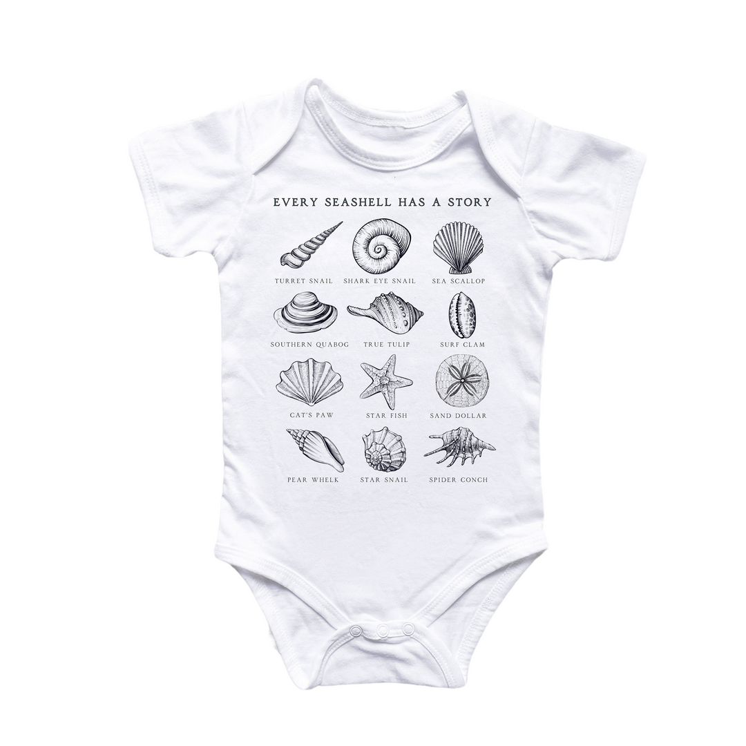 a baby bodysuit with shells printed on it