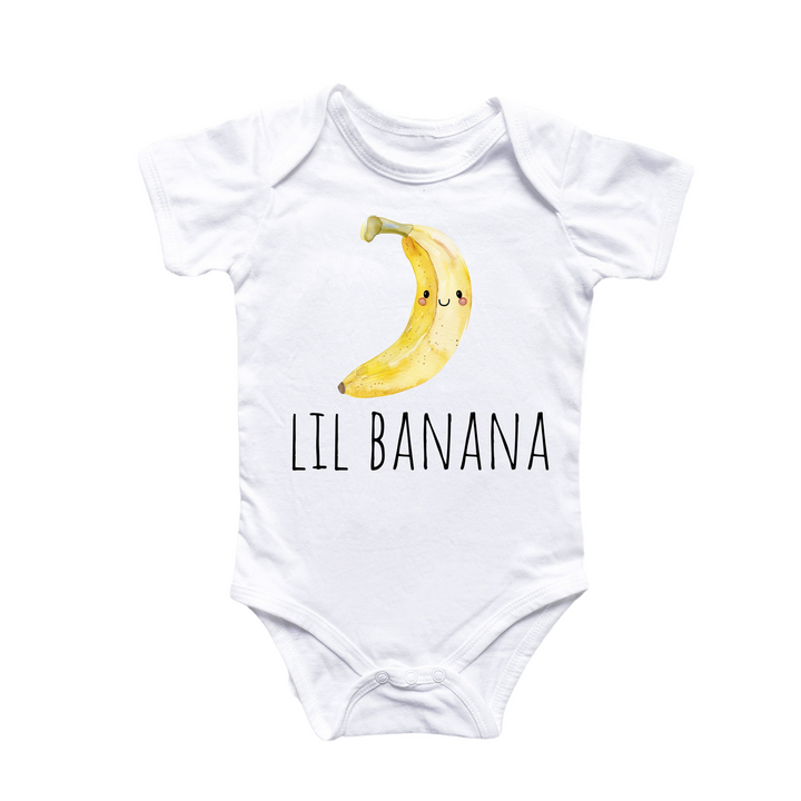 a white baby bodysuit with a banana on it