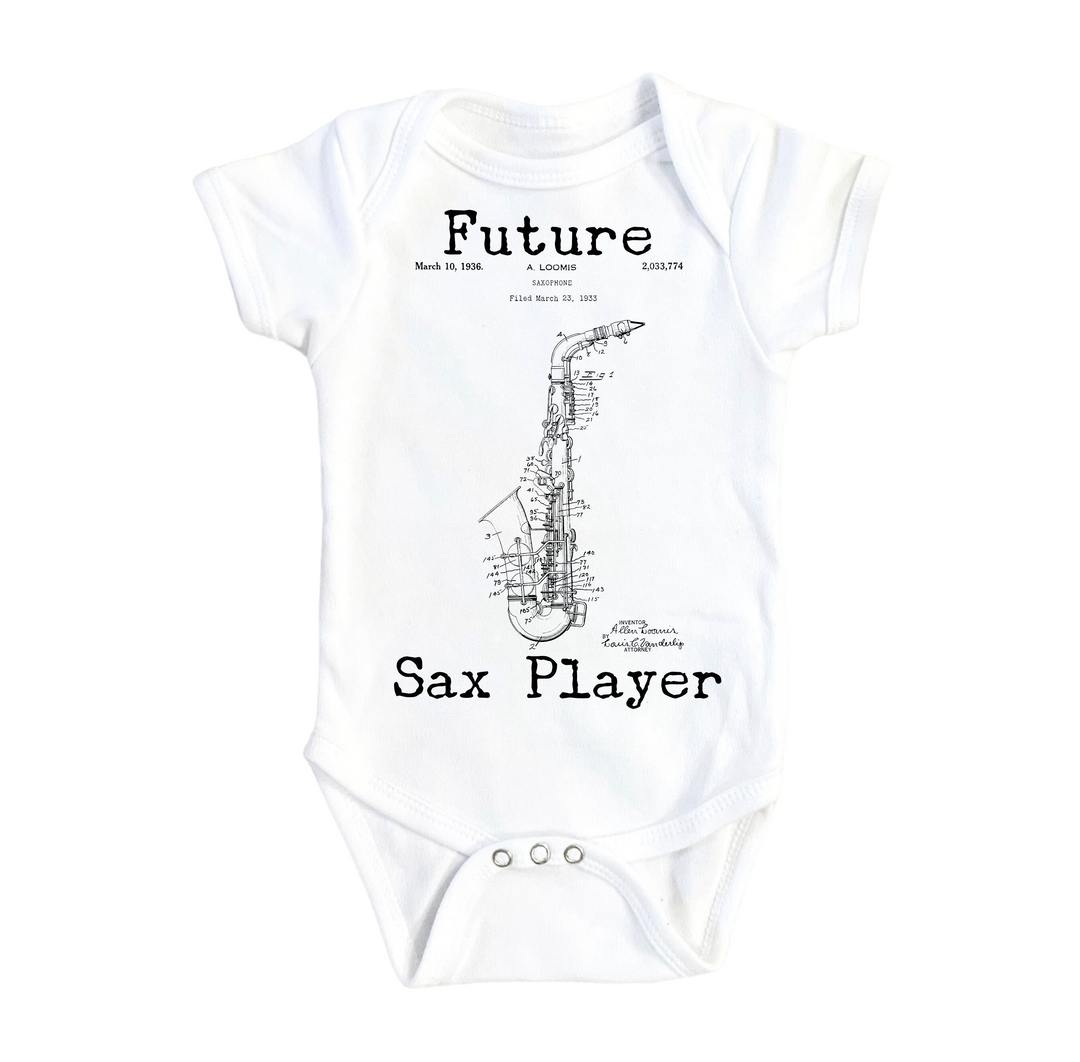 a white bodysuit with a drawing of a saxophone player