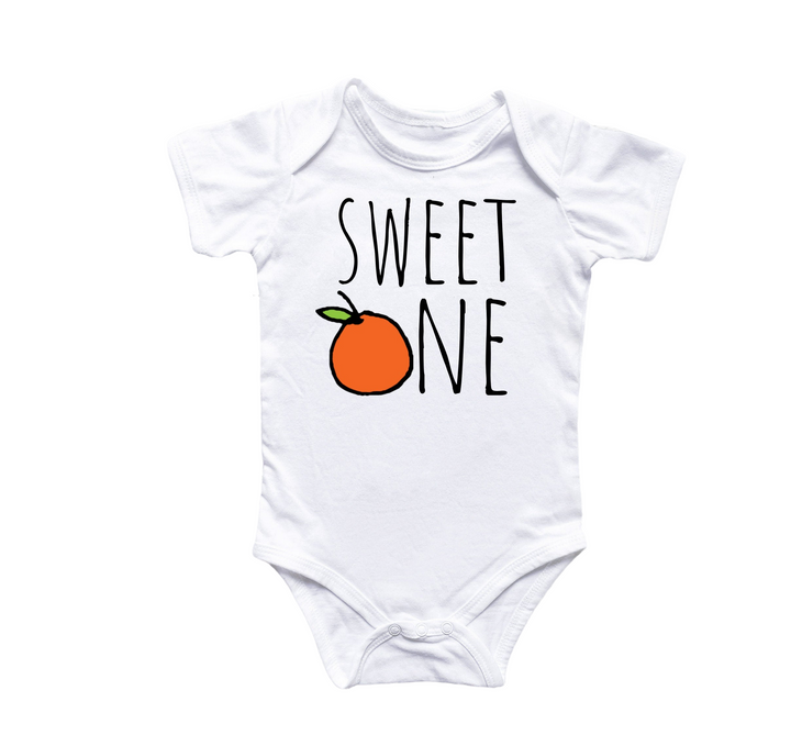 a white bodysuit with an orange saying sweet one