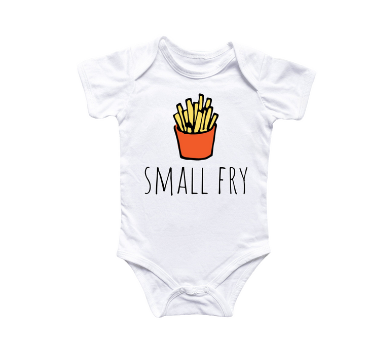 a white bodysuit with a picture of a small fry on it