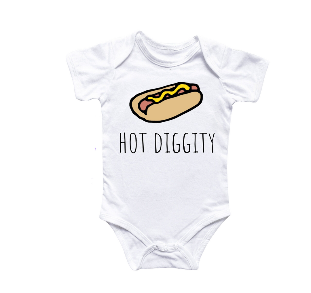 a white bodysuit with a hot dog on it