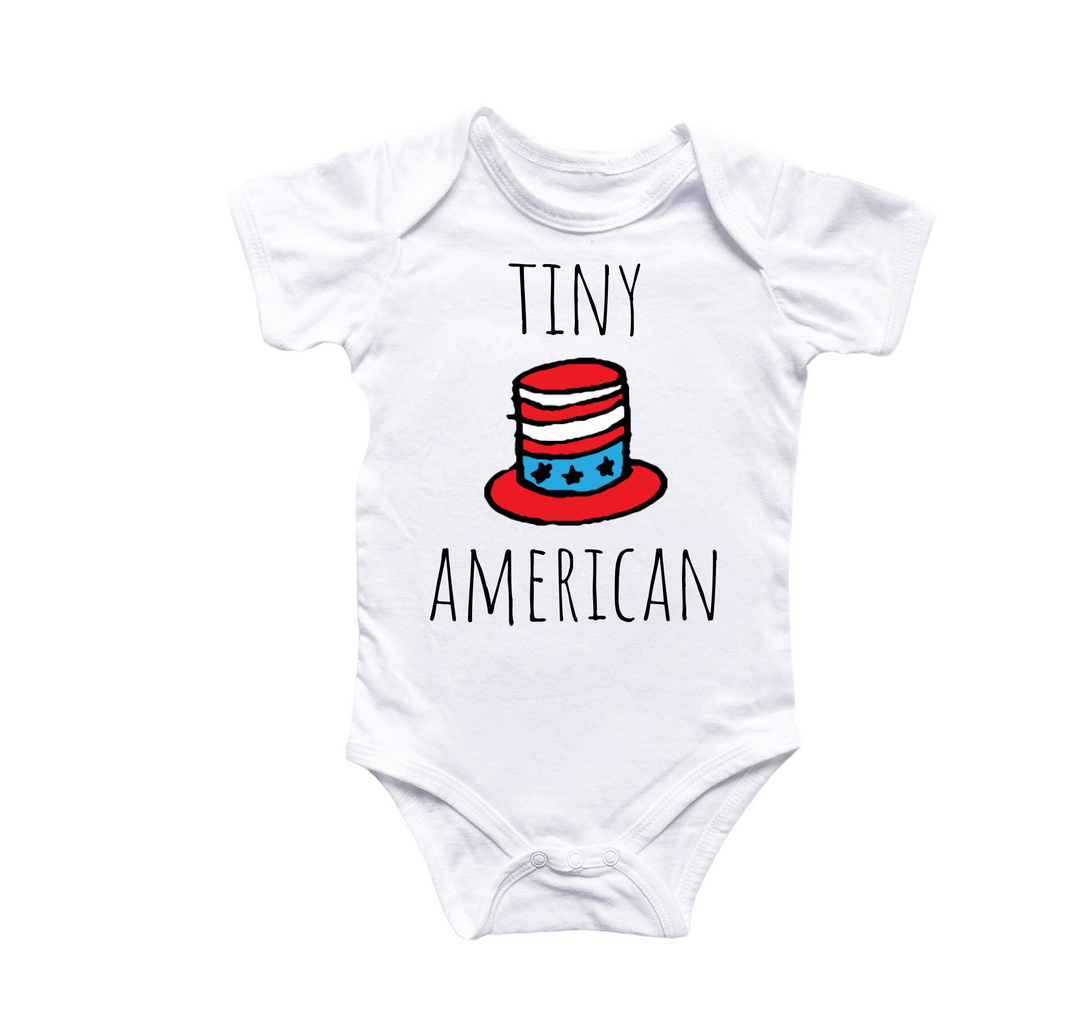 a white bodysuit with a red hat that says tiny american