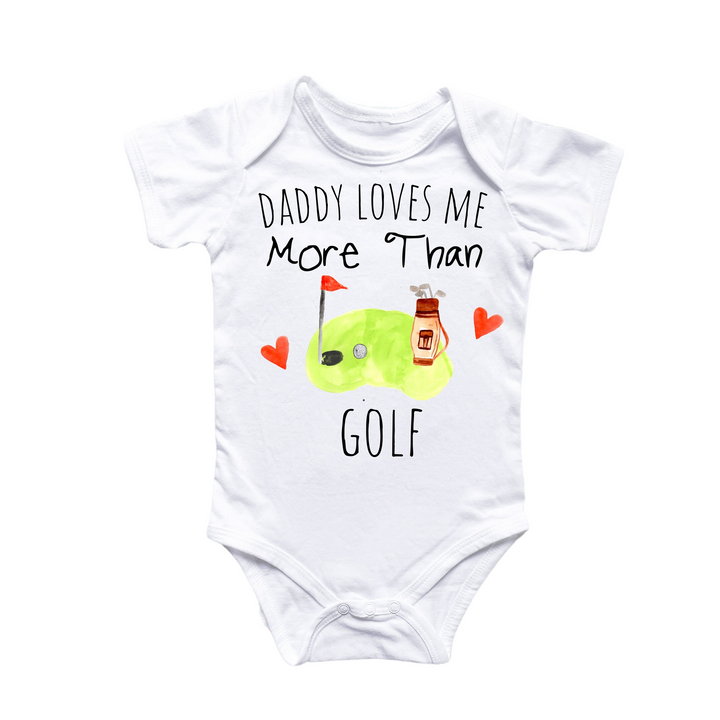 a baby bodysuit with a picture of a golf player