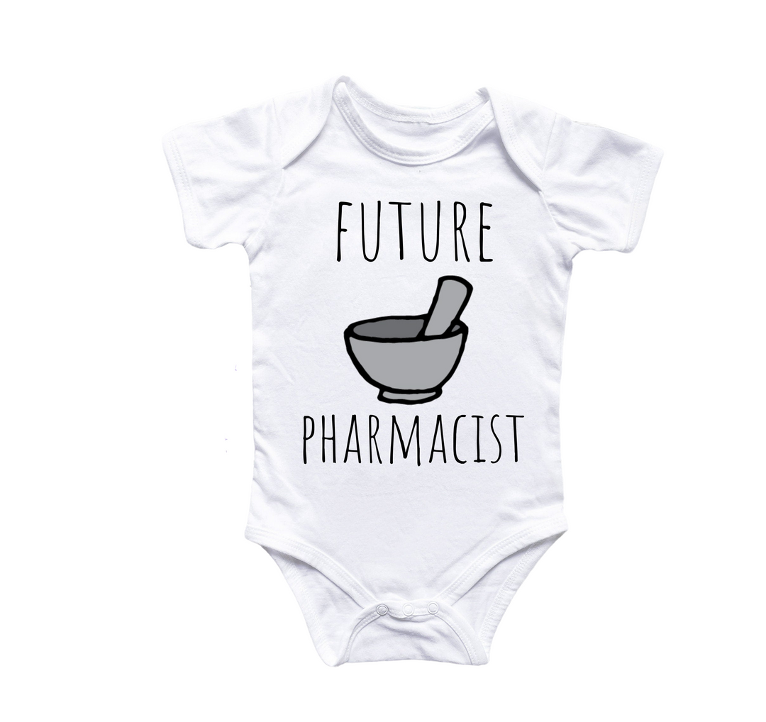 a white baby bodysuit with the words future pharmacist printed on it