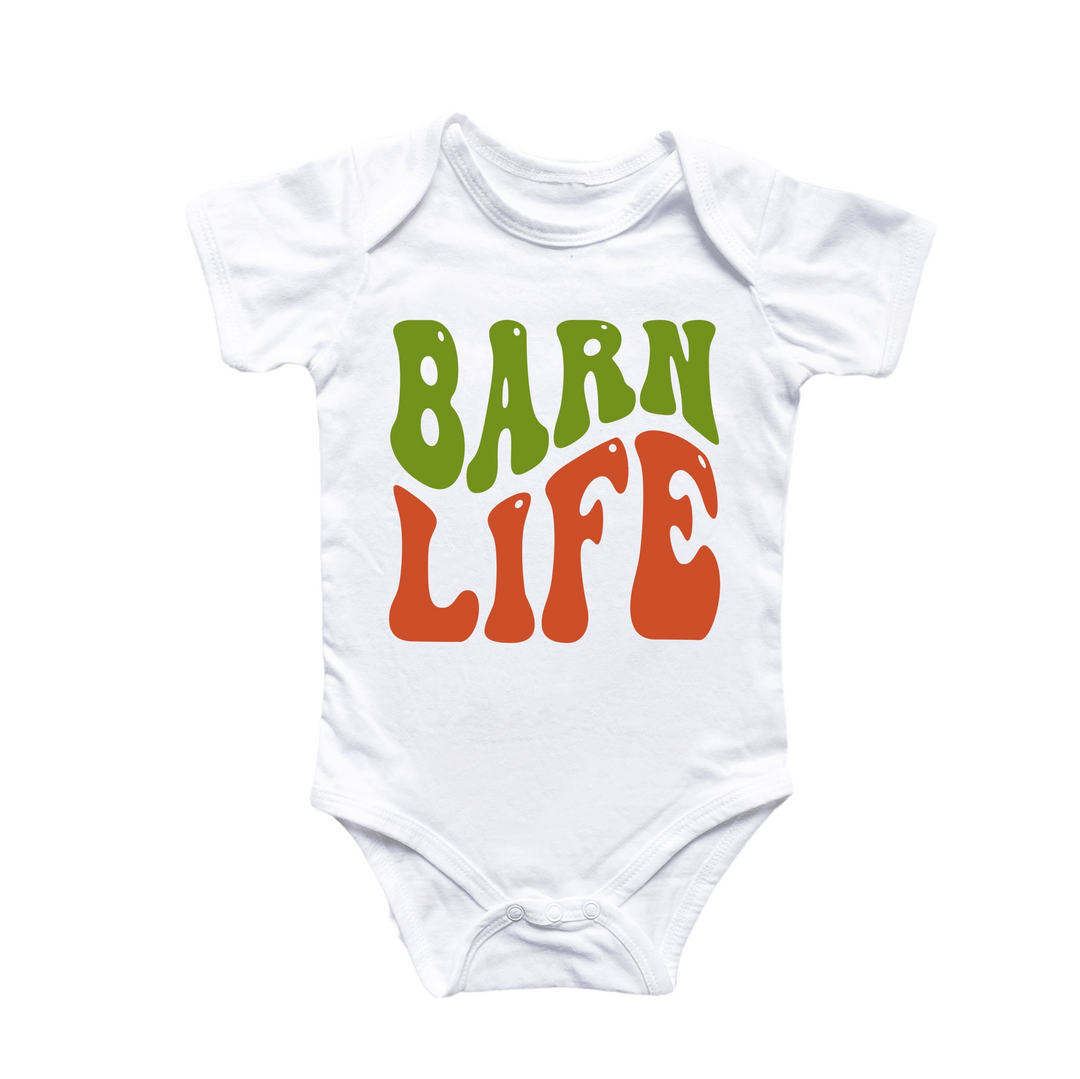 a white bodysuit with the words barn life printed on it