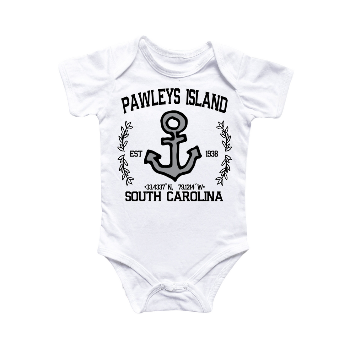 a white bodysuit with an anchor and the words pawley's island on