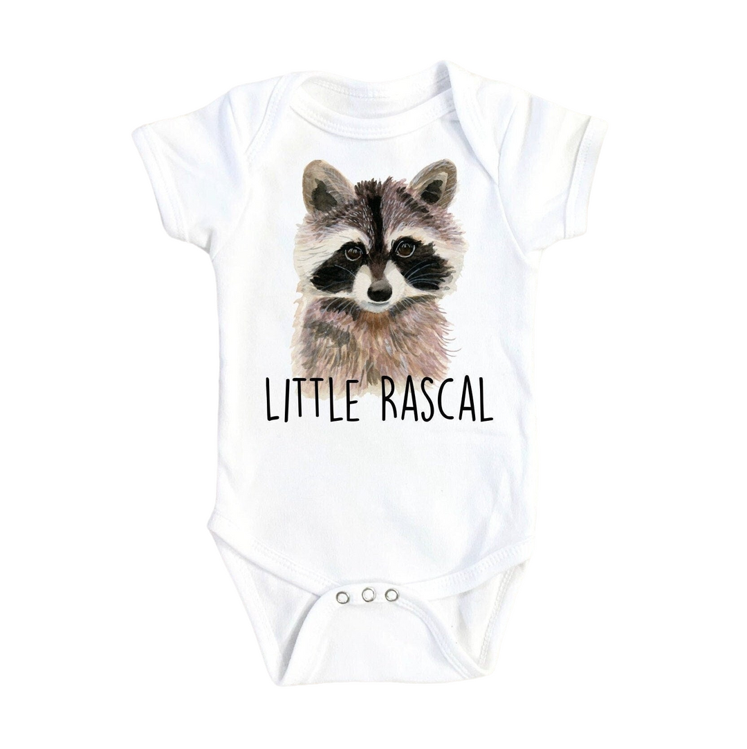 a white bodysuit with a raccoon on it