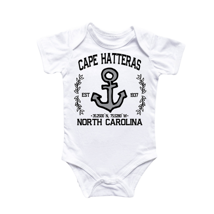 a white bodysuit with an anchor and the words cape hatteras on it