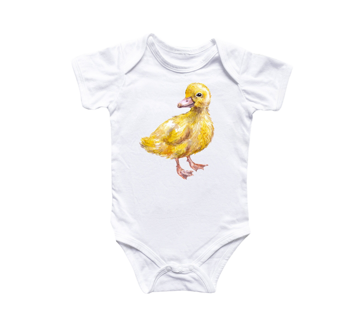 a white bodysuit with a yellow duck on it