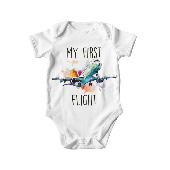 a baby bodysuit that says, my first flight