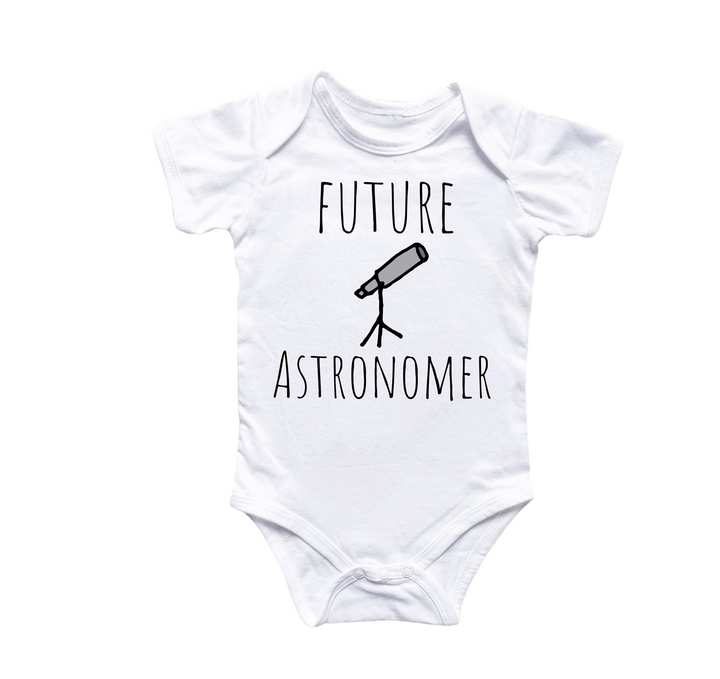 a white baby bodysuit with the words'future astronomer'printed on