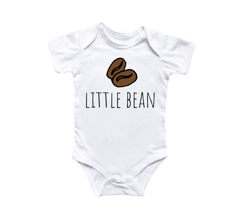 a white baby bodysuit with the words little bean printed on it