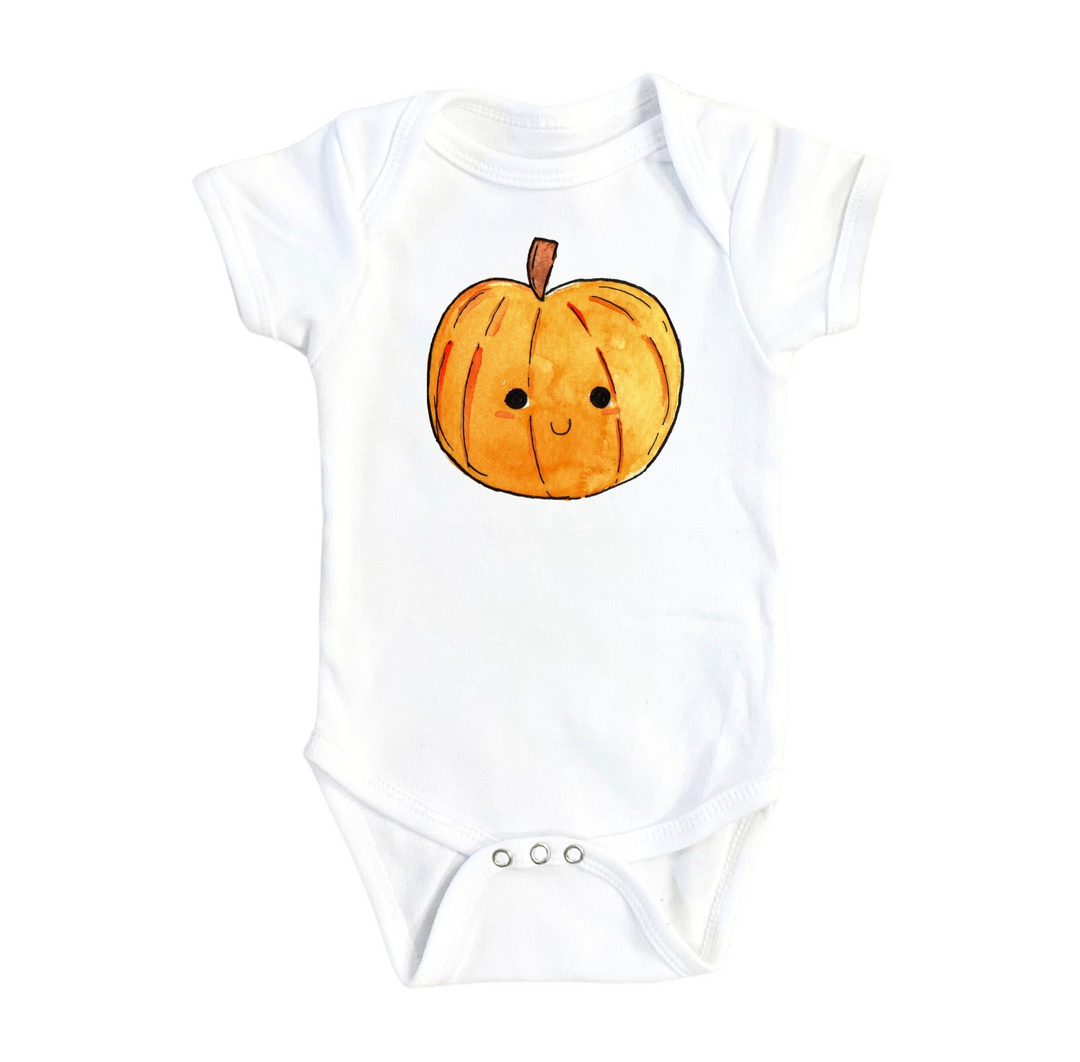 a white bodysuit with a pumpkin drawn on it