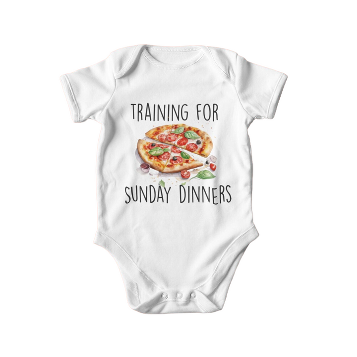 a baby bodysuit that says training for sunday dinners