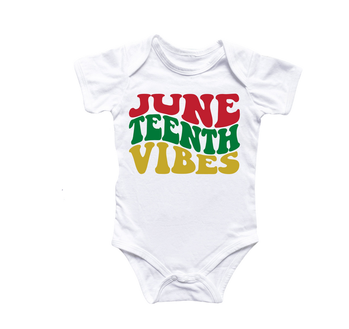 a white onesuit with the words june tenth vibes printed on it