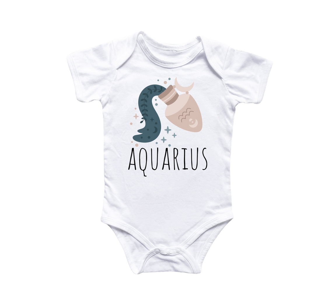 a white bodysuit with a mermaid tail and the words aquarius on it