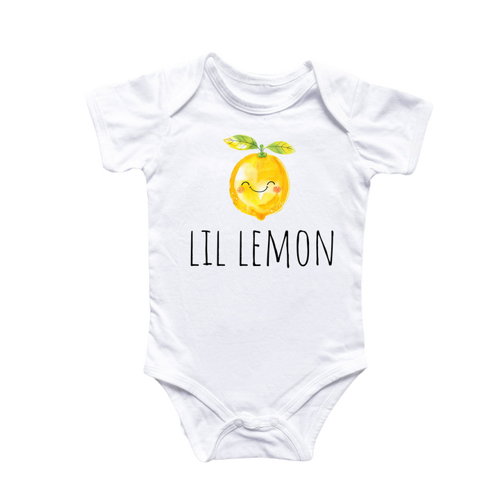 a white bodysuit with a yellow apple and the words lil lemon on it