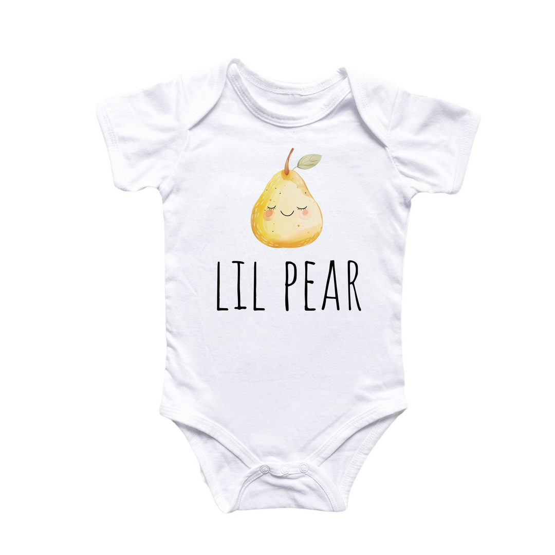 a white bodysuit with a pear on it