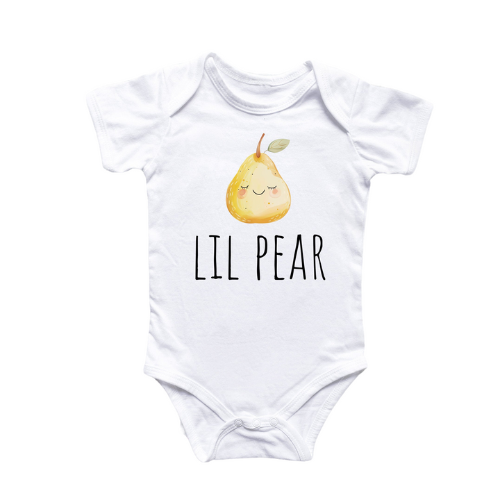 a white bodysuit with a pear on it