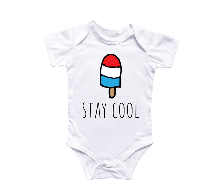 a white bodysuit with a red, white, and blue popsicle on it