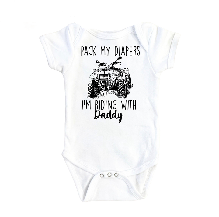 a baby bodysuit with a picture of a tractor on it