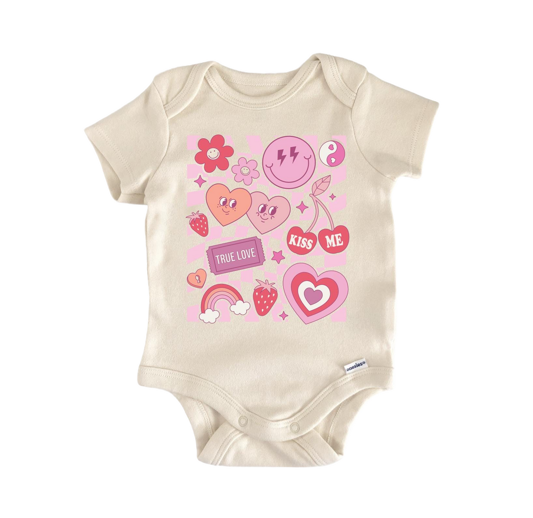 a baby bodysuit with hearts and hearts on it