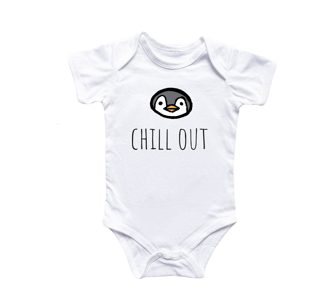 a white bodysuit with a penguin on it that says chill out