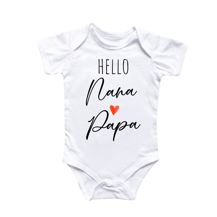 a white bodysuit with the words hello mama papa on it