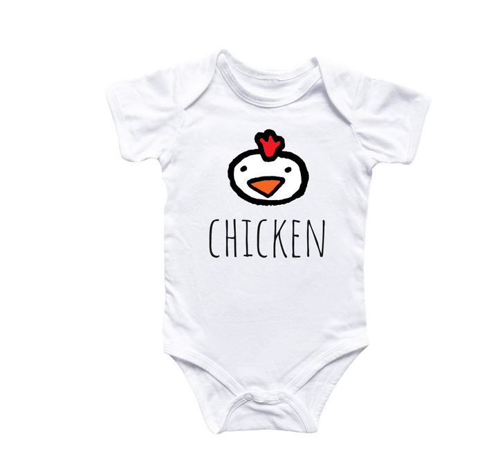 a white baby bodysuit with a chicken on it