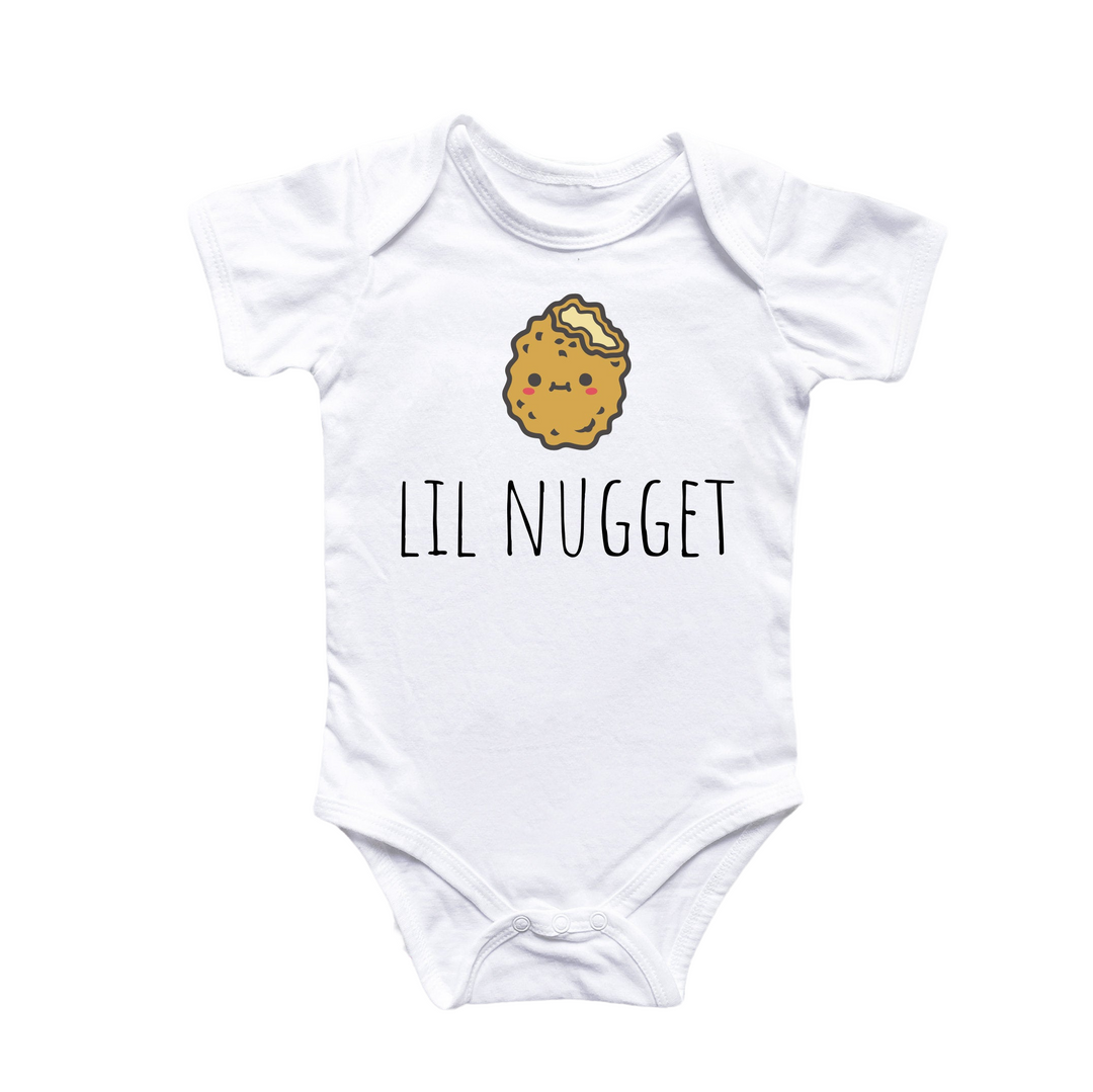 a white bodysuit with a cookie on it that says lil nugget