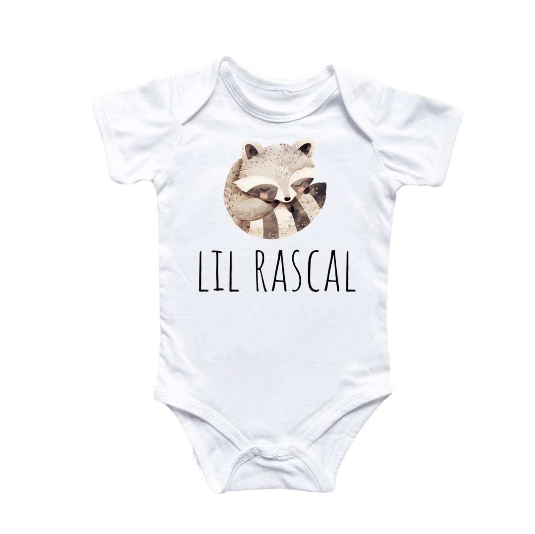 a baby bodysuit with a raccoon on it