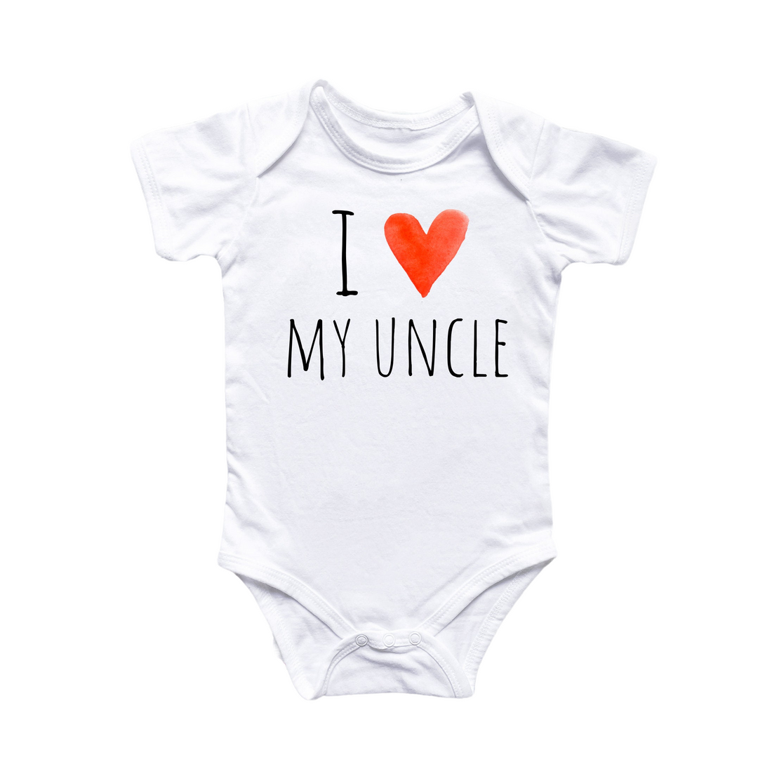 a white bodysuit with a red heart that says i love my uncle