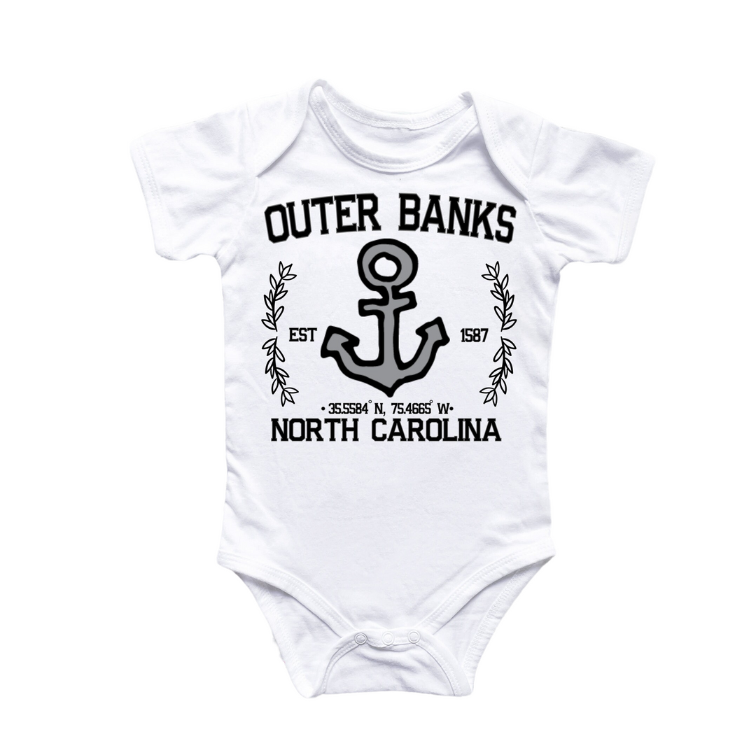 a white bodysuit with an anchor and the words outer banks on it