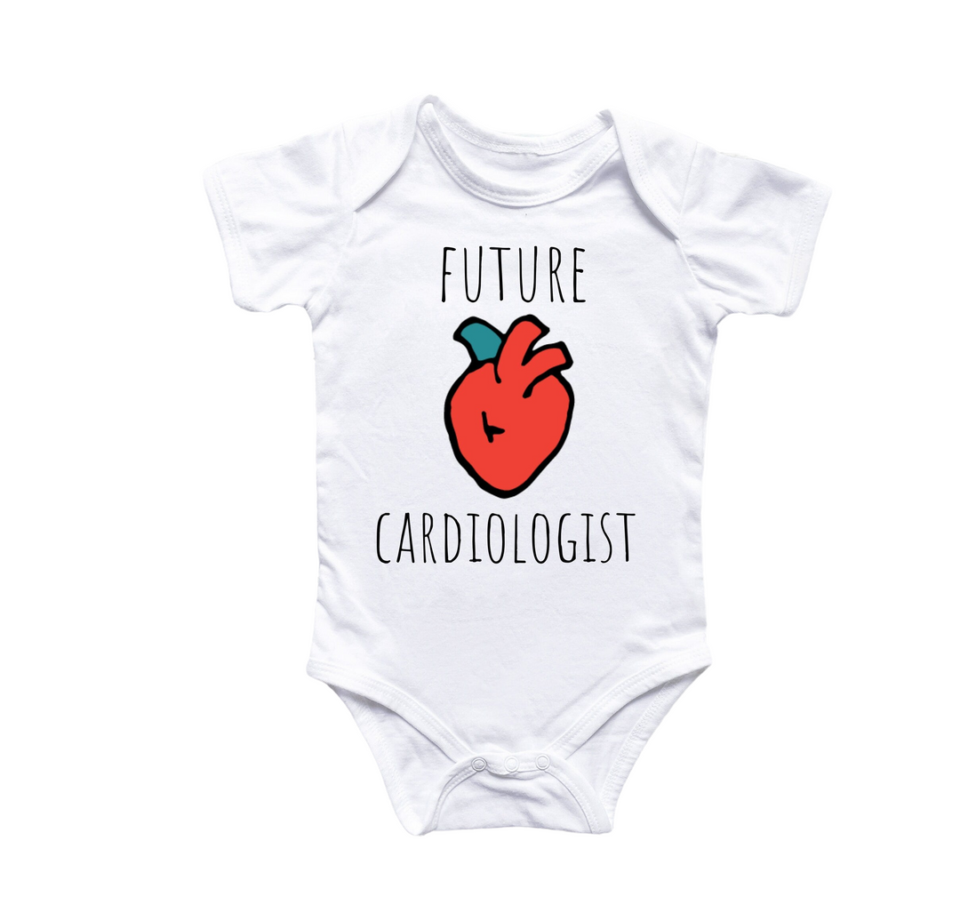 a white bodysuit with a heart and the words future cardiollogist on it