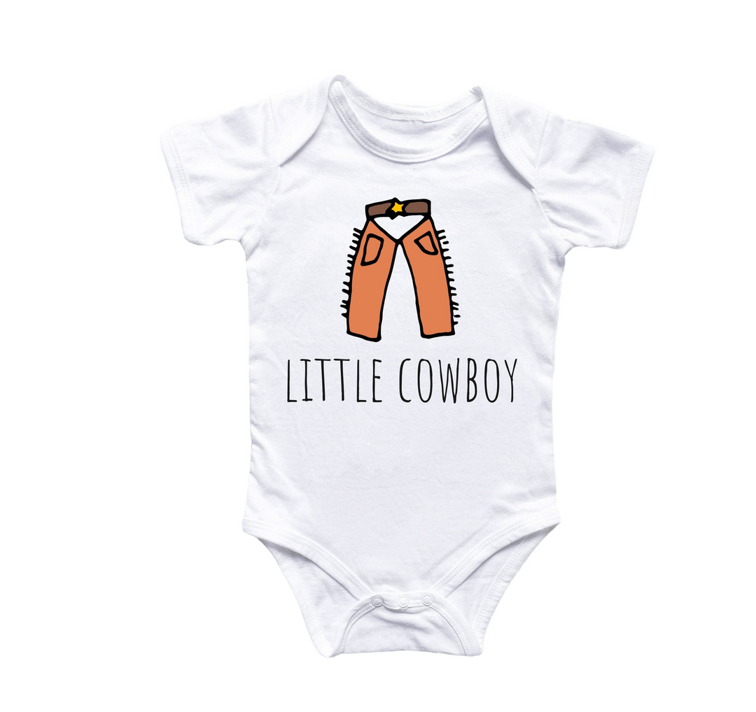 a white baby bodysuit with a picture of a cowboy on it