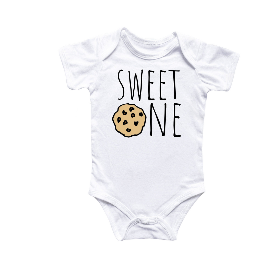 a white bodysuit with a cookie and the words sweet one on it